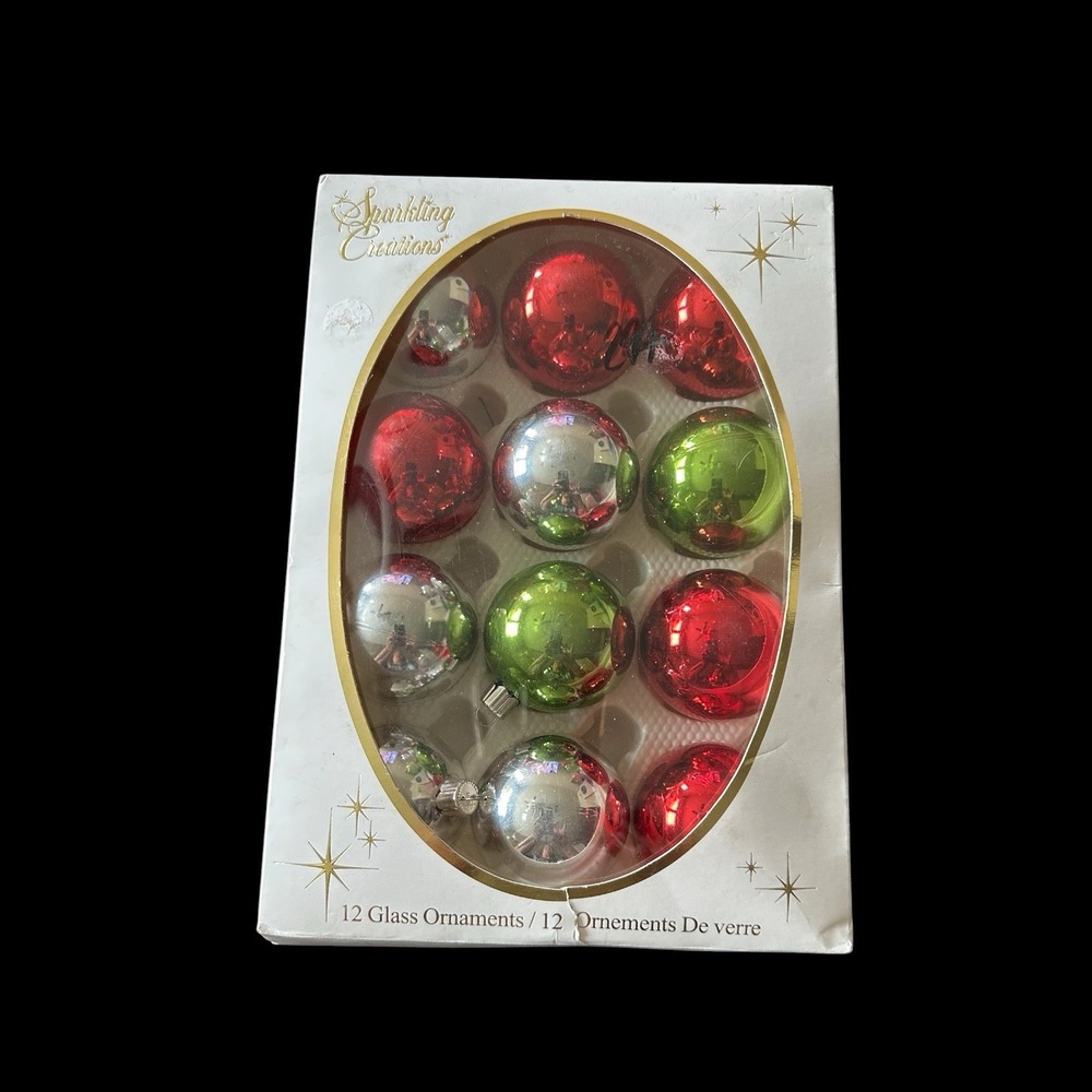 Michaels Sparkling Creations 12 Glass Ball Ornaments Red Green Silver Boxed - Picture 1 of 5